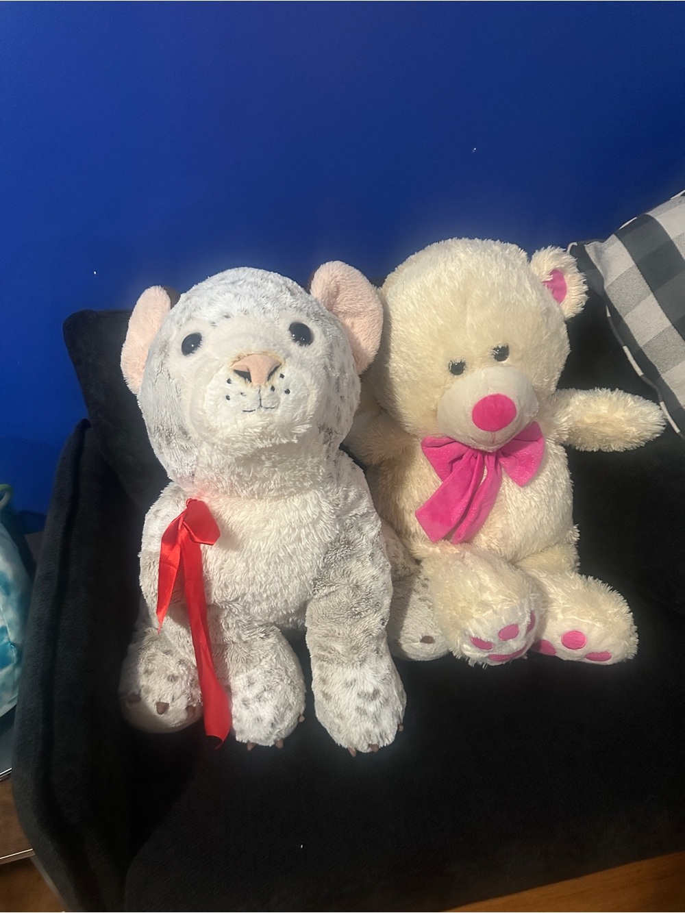 Plush Teddy Pair - Cream Bear with Pink Accents & Light Gray Spotted Seal Plush